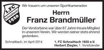 Traueranzeige von Franz Brandmüller von Pegnitz-Zeitung